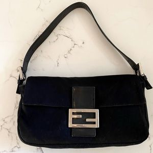 FENDI Black Neoprene Zucca Baguette Nylon FF Hobo Mini Bag Shoulder Bag.